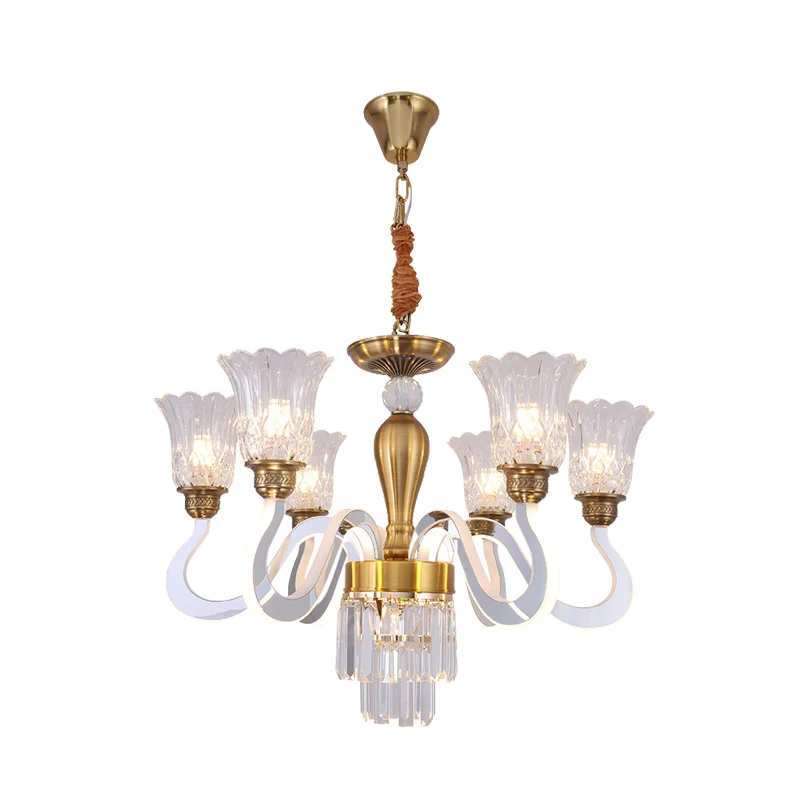 Bloemen slaapkamer kroonluchter lamp modern kristal 6 lampen gouden hangende hanger met acryl arm Clearhalo