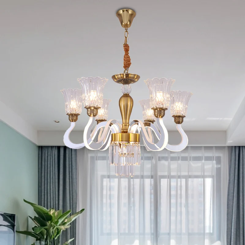 Bloemen slaapkamer kroonluchter lamp modern kristal 6 lampen gouden hangende hanger met acryl arm Clearhalo