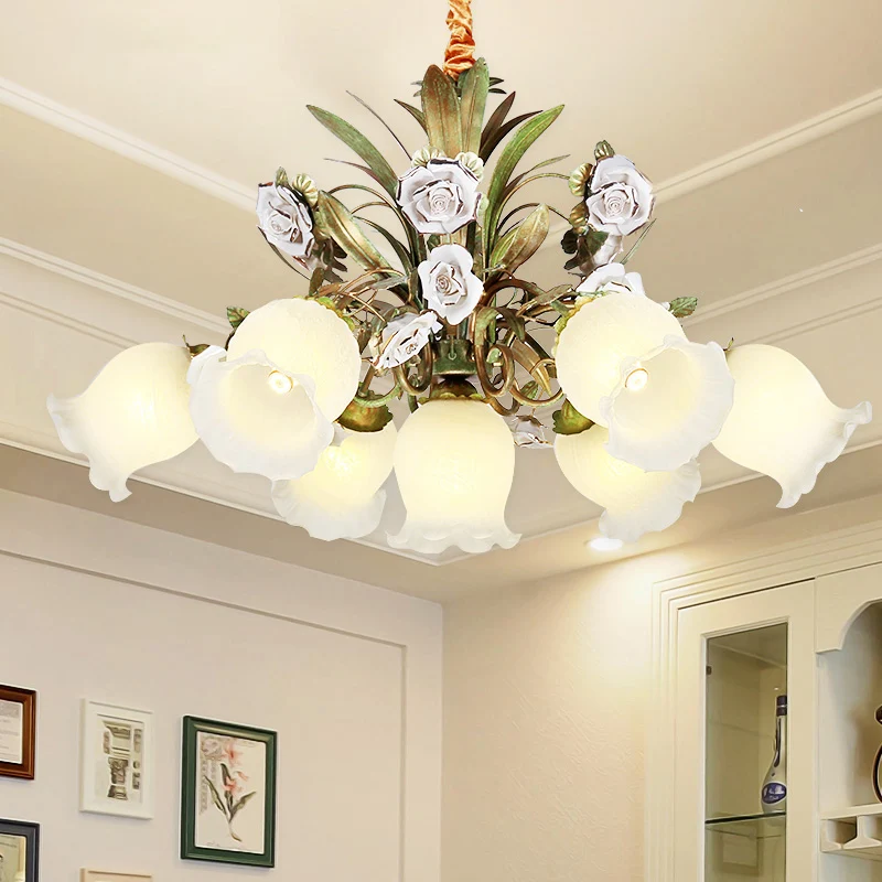 Bloemen slaapkamer kroonluchter licht pastoraal metaal 4/7 koppen groene plafondlamp met rozendecoratie Clearhalo