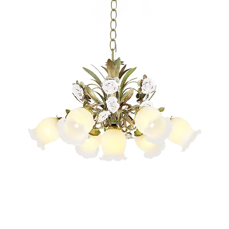 Bloemen slaapkamer kroonluchter licht pastoraal metaal 4/7 koppen groene plafondlamp met rozendecoratie Clearhalo