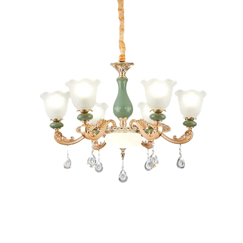 Bloemen slaapkamer omhoog kroonluchter antiek melkmat glas 3/6 lampen goud en groen hanglamp met kristallen druppel Clearhalo
