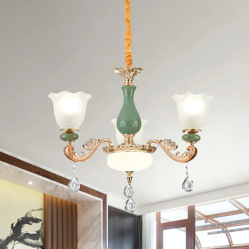 Bloemen slaapkamer omhoog kroonluchter antiek melkmat glas 3/6 lampen goud en groen hanglamp met kristallen druppel Clearhalo