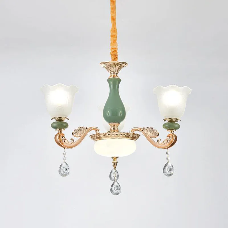 Bloemen slaapkamer omhoog kroonluchter antiek melkmat glas 3/6 lampen goud en groen hanglamp met kristallen druppel Clearhalo