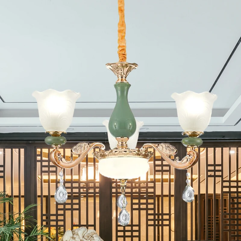 Bloemen slaapkamer omhoog kroonluchter antiek melkmat glas 3/6 lampen goud en groen hanglamp met kristallen druppel Clearhalo