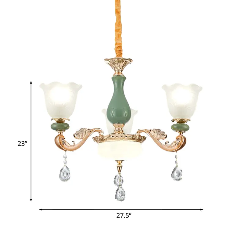 Bloemen slaapkamer omhoog kroonluchter antiek melkmat glas 3/6 lampen goud en groen hanglamp met kristallen druppel Clearhalo