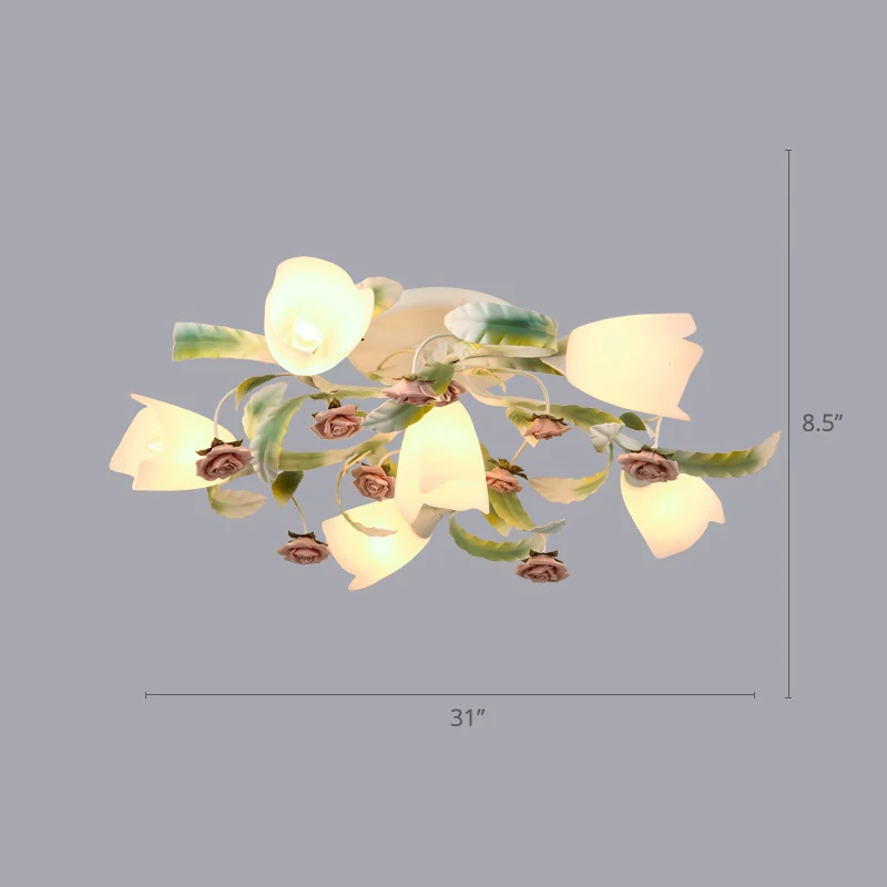 Bloemen slaapkamer plafondmontage kroonluchter pastoraal vorstglas witte semi-inbouwverlichting Clearhalo