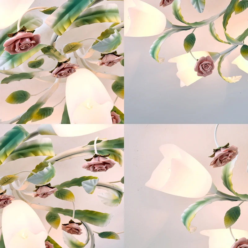 Bloemen slaapkamer plafondmontage kroonluchter pastoraal vorstglas witte semi-inbouwverlichting Clearhalo