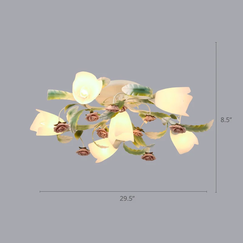Bloemen slaapkamer plafondmontage kroonluchter pastoraal vorstglas witte semi-inbouwverlichting Clearhalo