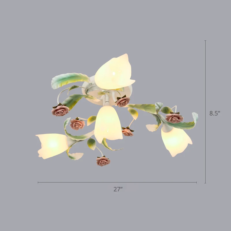 Bloemen slaapkamer plafondmontage kroonluchter pastoraal vorstglas witte semi-inbouwverlichting Clearhalo