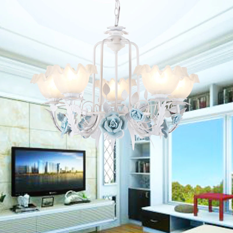 Bloemen witte glazen hangende kroonluchter Pastorale stijl 3/5 lampen Woonkamer LED-druppellamp blauw Clearhalo