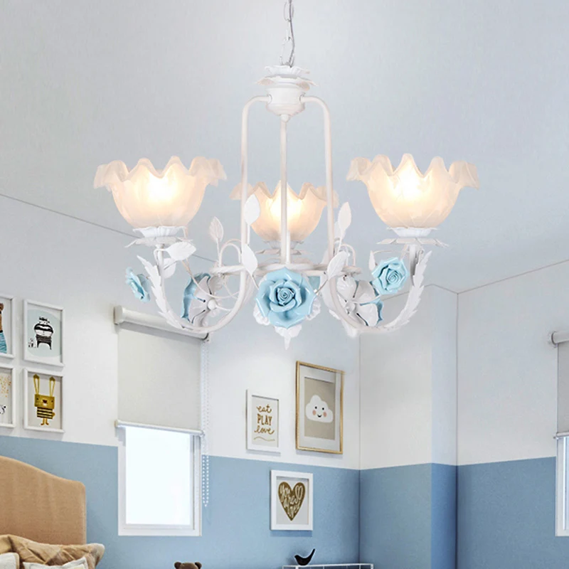 Bloemen witte glazen hangende kroonluchter Pastorale stijl 3/5 lampen Woonkamer LED-druppellamp blauw Clearhalo