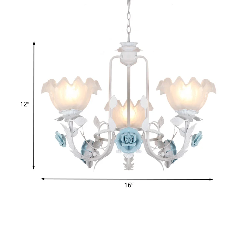 Bloemen witte glazen hangende kroonluchter Pastorale stijl 3/5 lampen Woonkamer LED-druppellamp blauw Clearhalo