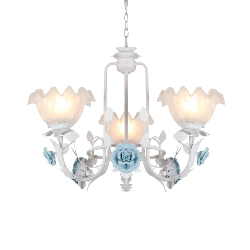 Bloemen witte glazen hangende kroonluchter Pastorale stijl 3/5 lampen Woonkamer LED-druppellamp blauw Clearhalo