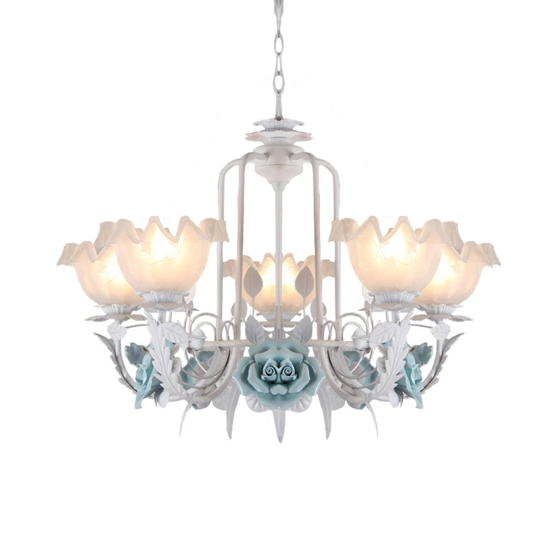 Bloemen witte glazen hangende kroonluchter Pastorale stijl 3/5 lampen Woonkamer LED-druppellamp blauw Clearhalo