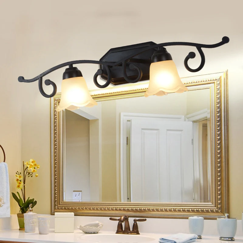 Bloemen witte glazen kap ijdelheid verlichting platteland 2/3 hoofden badkamer wandgemonteerde lamp zwart Clearhalo