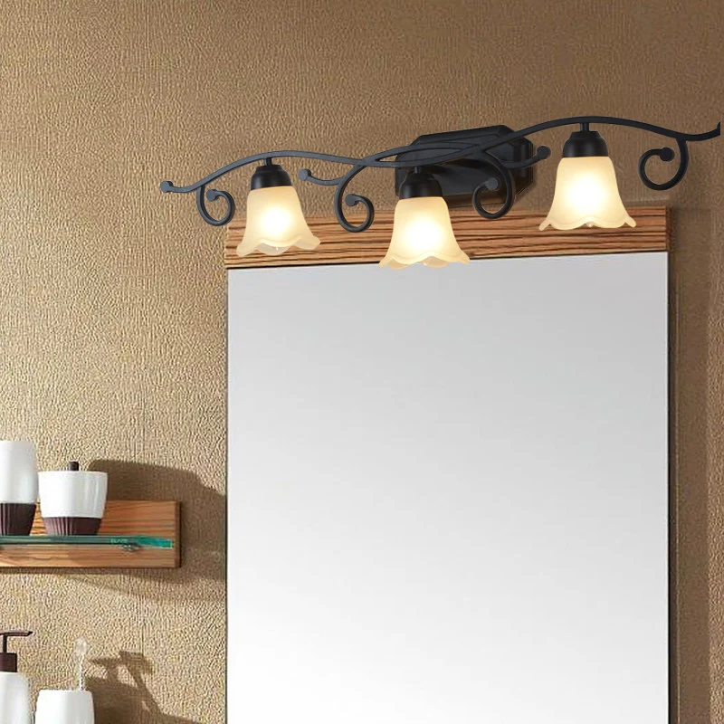 Bloemen witte glazen kap ijdelheid verlichting platteland 2/3 hoofden badkamer wandgemonteerde lamp zwart Clearhalo