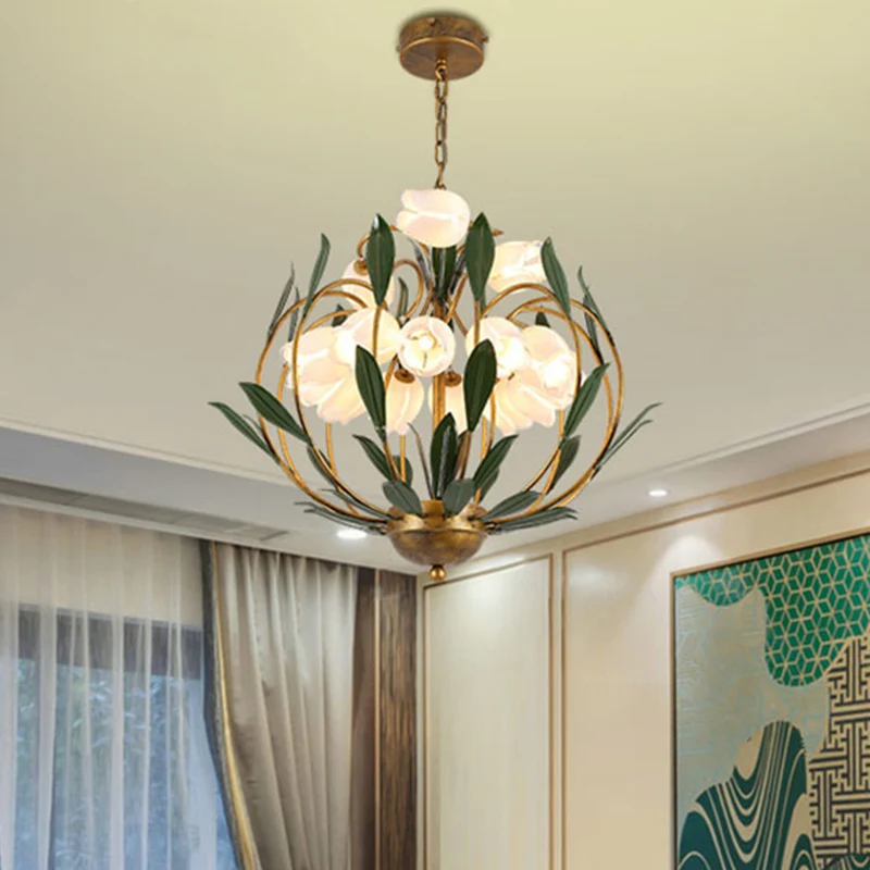 Bloemen woonkamer kroonluchter verlichting platteland metaal 15-lamps messing LED hanglamp Clearhalo