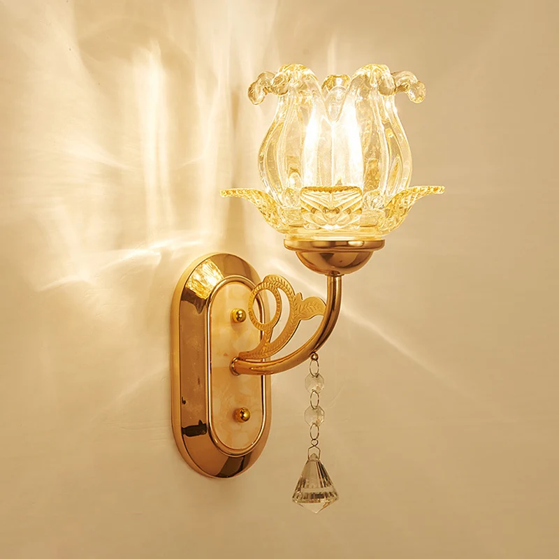 Bloemen woonkamer wandmontage licht traditioneel getextureerd glas gouden wandlamp Clearhalo