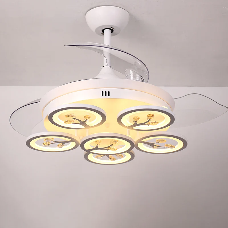 Bloemensalon Hangende ventilator Licht Modern afgeschuinde kristallen regendruppels LED Wit Semi-inbouw met 4 bladen, 42"...