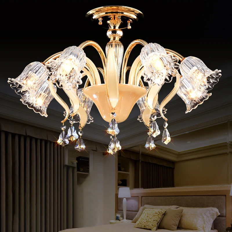 Bloemenslaapkamer, semi-inbouw, eigentijds kristal, 8 koppen goud, dicht bij plafondlamp Clearhalo