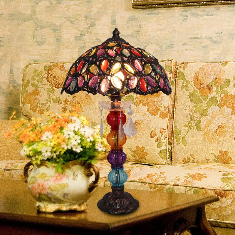 Bloem-gebrandschilderde nachtlamp Bohemen 1-lamps woonkamertafellamp met balustervoet brons Clearhalo