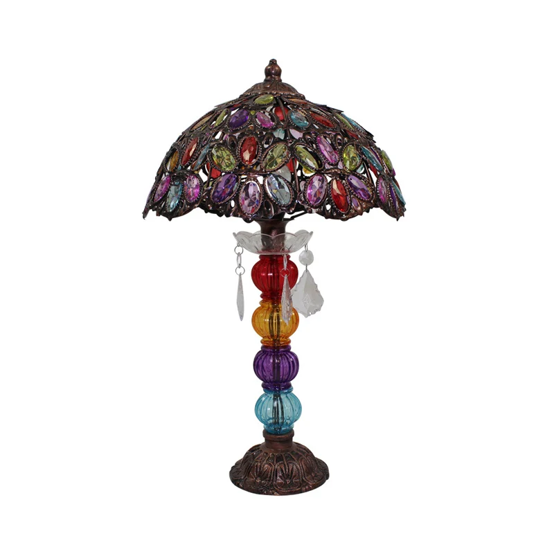 Bloem-gebrandschilderde nachtlamp Bohemen 1-lamps woonkamertafellamp met balustervoet brons Clearhalo