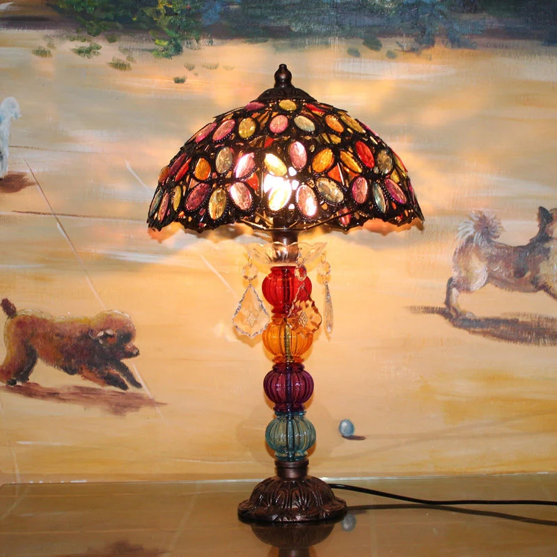 Bloem-gebrandschilderde nachtlamp Bohemen 1-lamps woonkamertafellamp met balustervoet brons Clearhalo