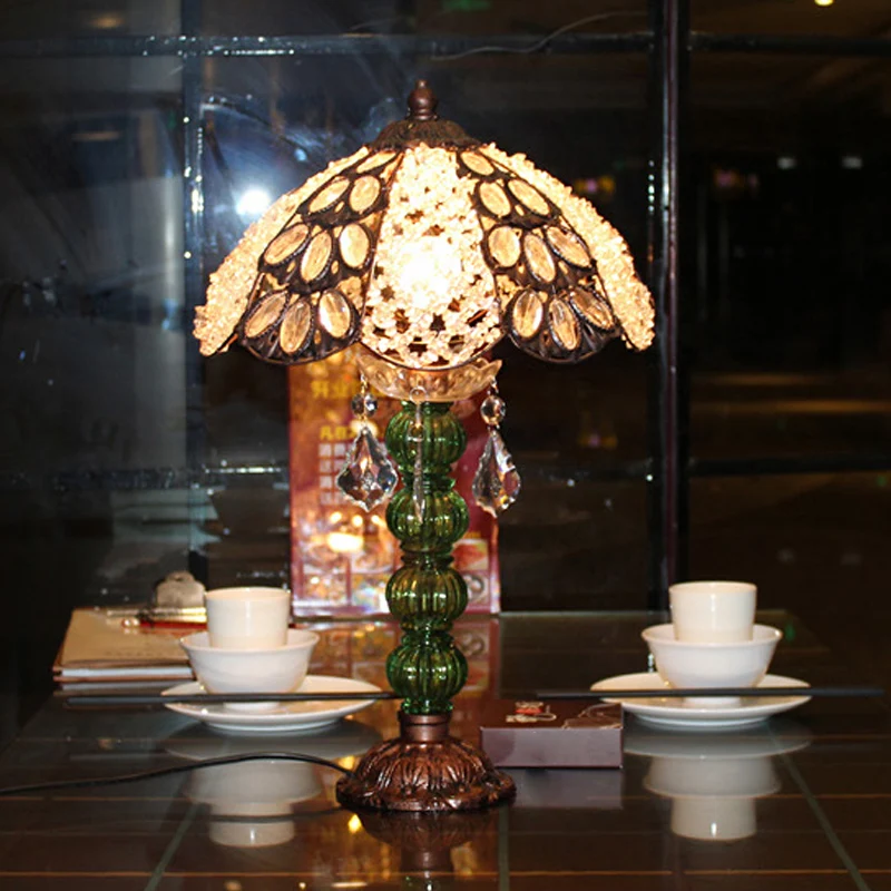 Bloem-gebrandschilderde nachtlamp Bohemen 1-lamps woonkamertafellamp met balustervoet brons Clearhalo