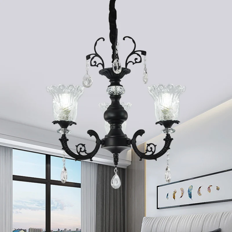 Bloemvorm slaapkamer hanglamp helder kristalglas 3-lichts modernistische kroonluchterlamp zwart Clearhalo