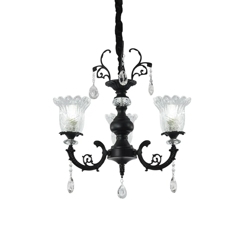 Bloemvorm slaapkamer hanglamp helder kristalglas 3-lichts modernistische kroonluchterlamp zwart Clearhalo