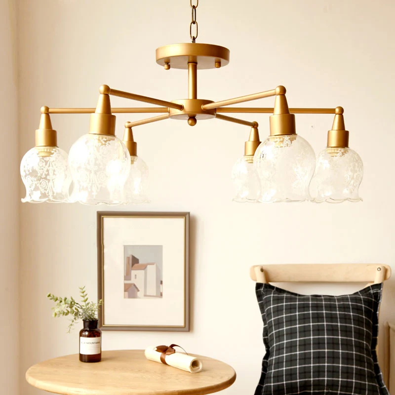 Bloemvorm Woonkamer Semi Mount Verlichting Traditioneel Helder Glas 6 Lichten Goud Semi Flush Light Clearhalo