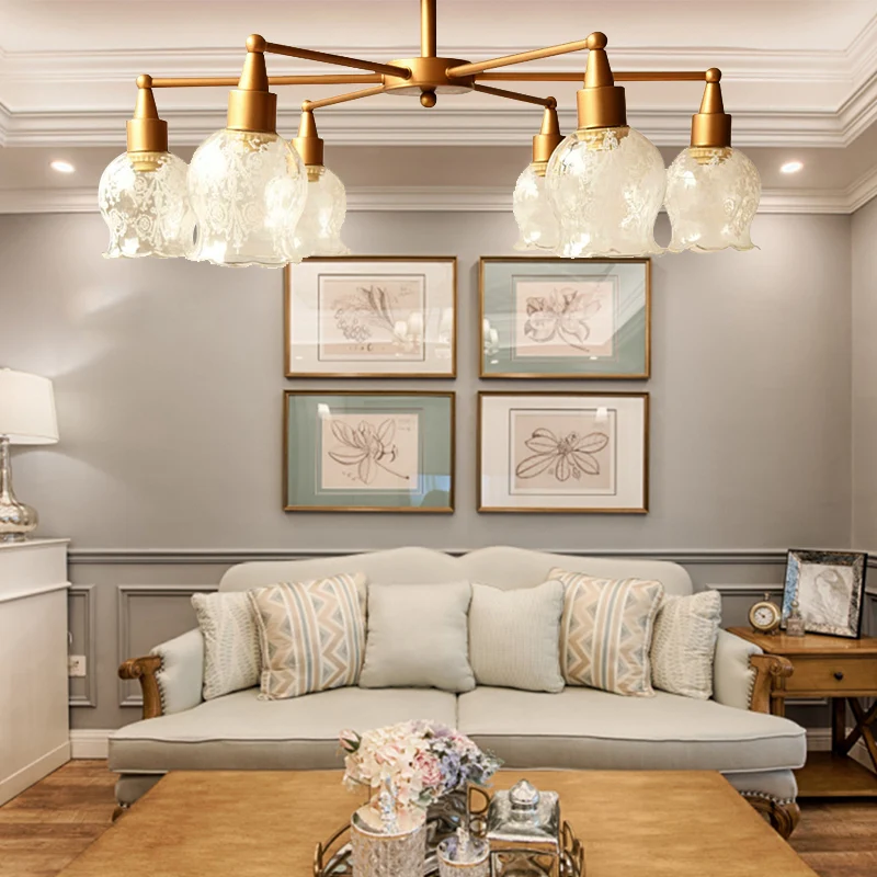 Bloemvorm Woonkamer Semi Mount Verlichting Traditioneel Helder Glas 6 Lichten Goud Semi Flush Light Clearhalo