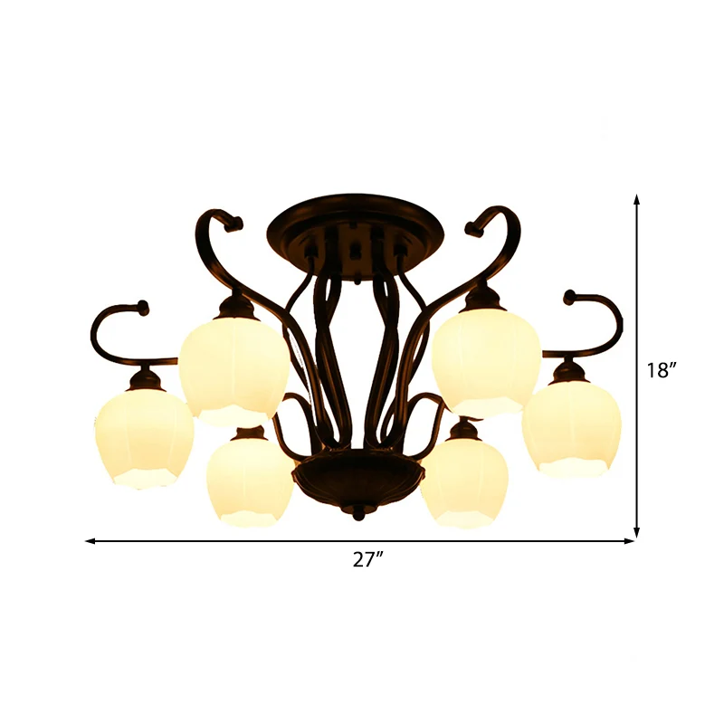 Bloemvorm Woonkamer Semi-inbouwlicht Klassiek wit glas 3/6/8 lampen Zwarte plafondverlichting Clearhalo