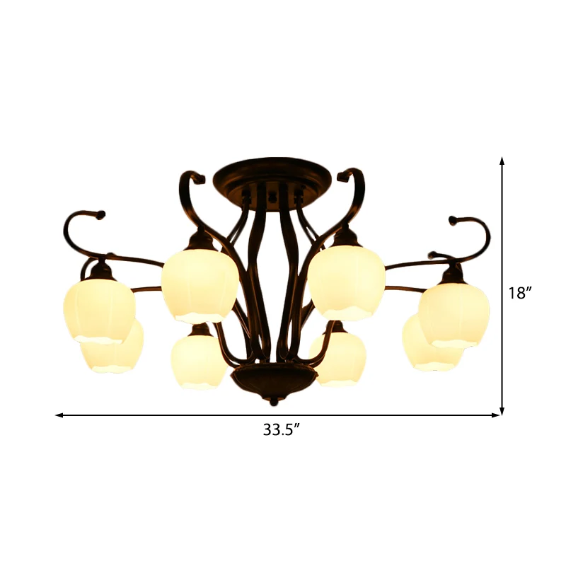 Bloemvorm Woonkamer Semi-inbouwlicht Klassiek wit glas 3/6/8 lampen Zwarte plafondverlichting Clearhalo