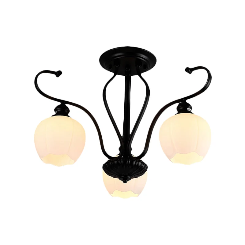 Bloemvorm Woonkamer Semi-inbouwlicht Klassiek wit glas 3/6/8 lampen Zwarte plafondverlichting Clearhalo