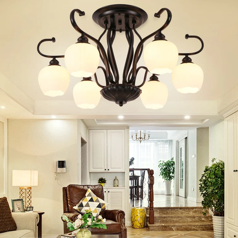 Bloemvorm Woonkamer Semi-inbouwlicht Klassiek wit glas 3/6/8 lampen Zwarte plafondverlichting Clearhalo