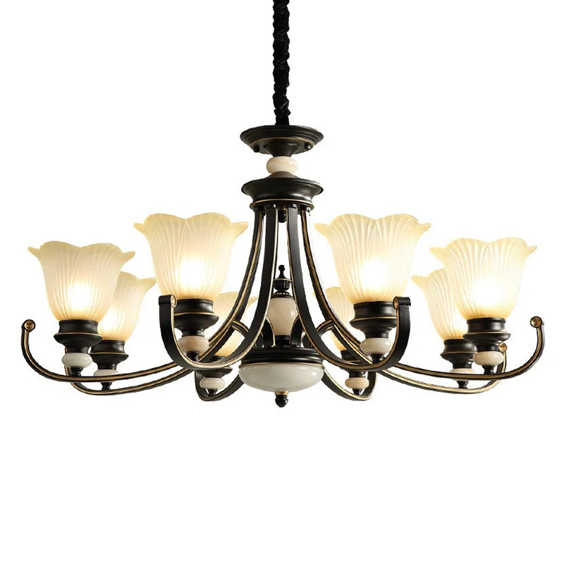 Bloemvormige matglazen kroonluchter Verlichting Klassieke eetkamer hanglamp zwart Clearhalo