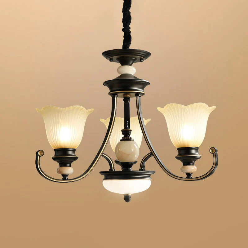 Bloemvormige matglazen kroonluchter Verlichting Klassieke eetkamer hanglamp zwart Clearhalo