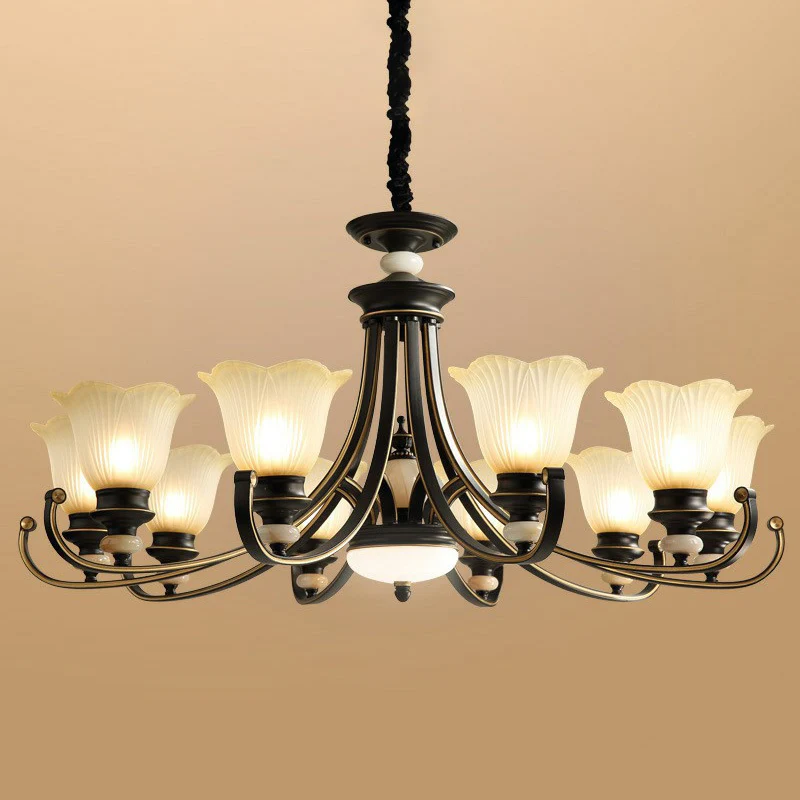 Bloemvormige matglazen kroonluchter Verlichting Klassieke eetkamer hanglamp zwart Clearhalo