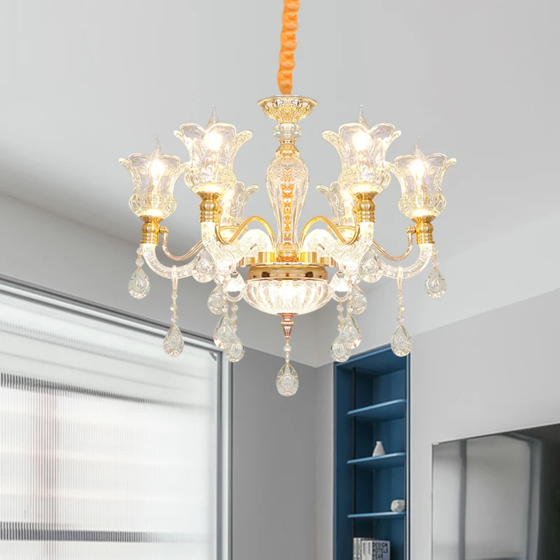 Bloesem helder glazen plafondlamp moderne slaapkamerkroonluchter met 6 lampen goud met kristallen druppel Clearhalo