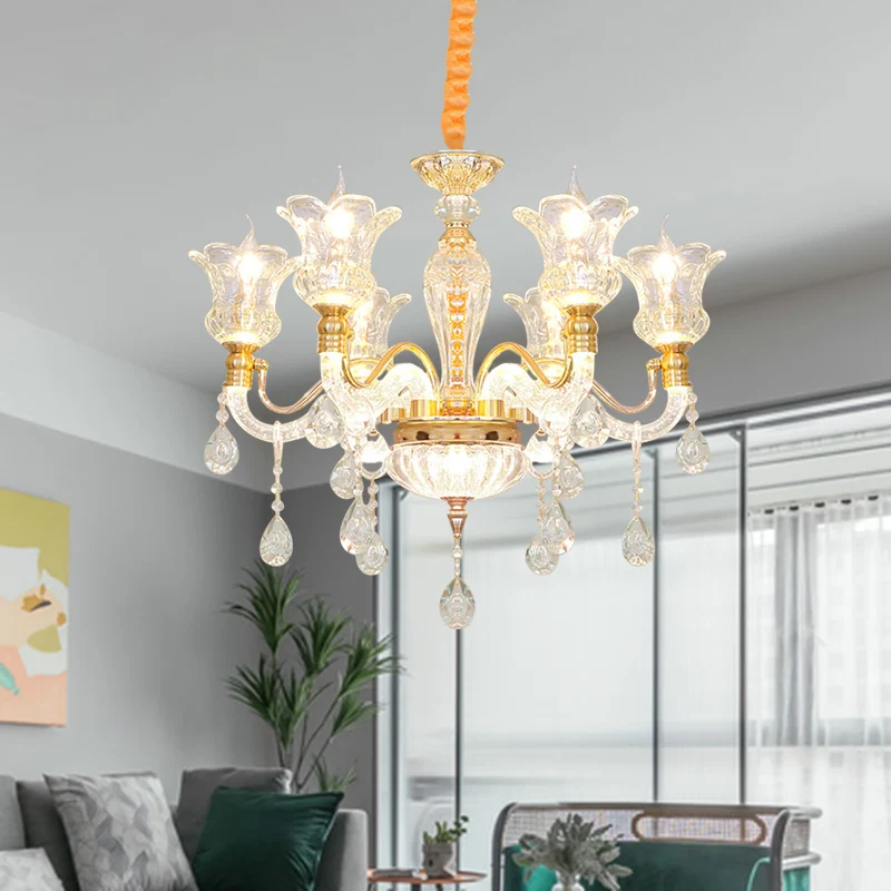Bloesem helder glazen plafondlamp moderne slaapkamerkroonluchter met 6 lampen goud met kristallen druppel Clearhalo