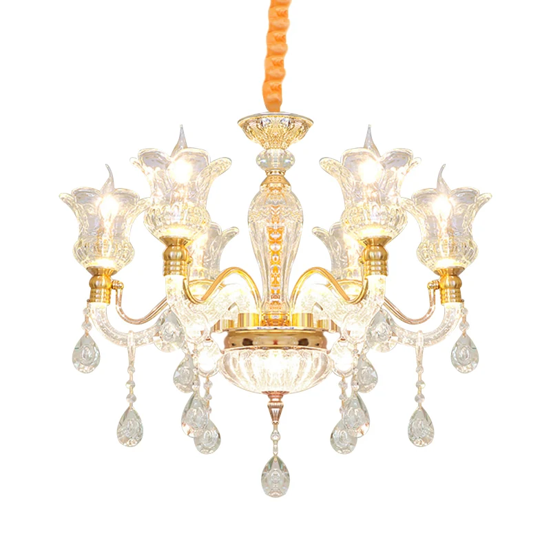Bloesem helder glazen plafondlamp moderne slaapkamerkroonluchter met 6 lampen goud met kristallen druppel Clearhalo