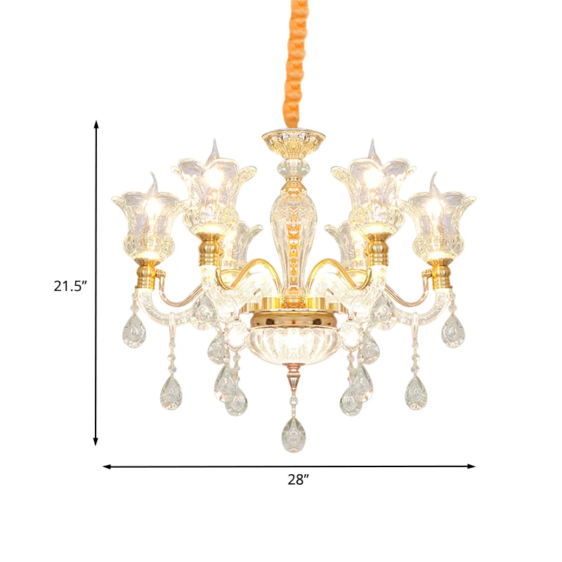 Bloesem helder glazen plafondlamp moderne slaapkamerkroonluchter met 6 lampen goud met kristallen druppel Clearhalo