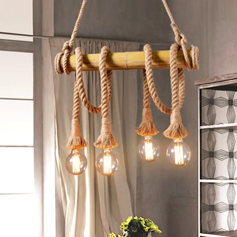 Blootgestelde lamp keuken hanglamp vintage touw 4/6 lichtbeige hanglampset Clearhalo