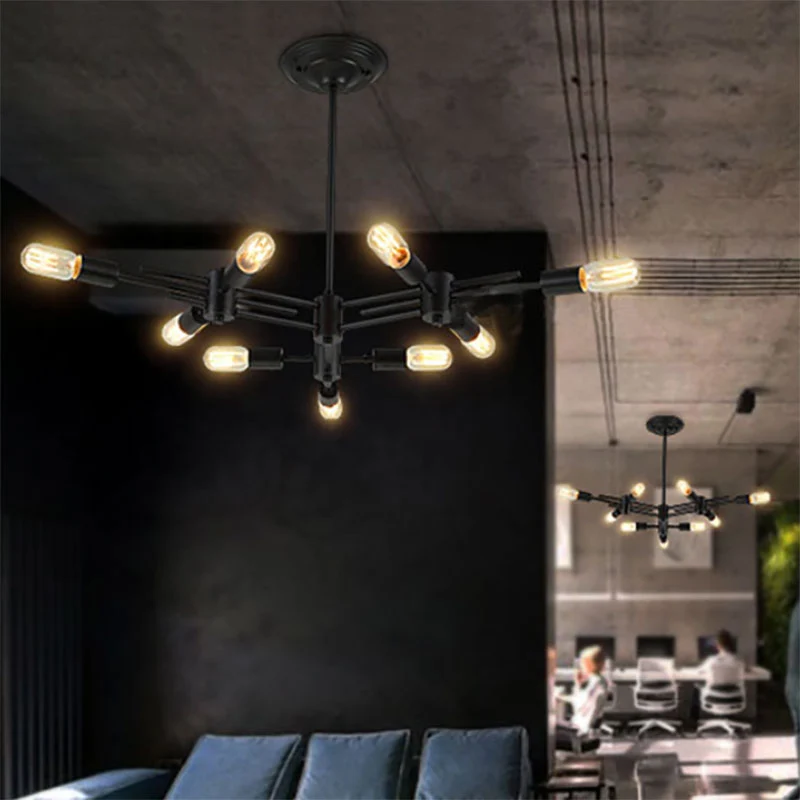 Blootgestelde lamp restaurant hangende hanglamp metalen 9/12 koppen hedendaagse plafondlamp zwart Clearhalo