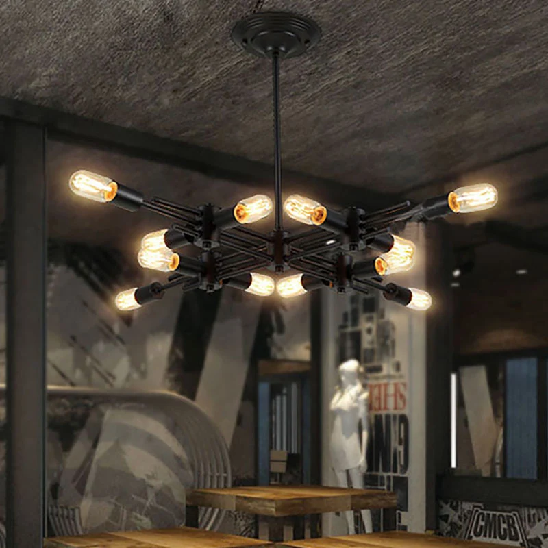 Blootgestelde lamp restaurant hangende hanglamp metalen 9/12 koppen hedendaagse plafondlamp zwart Clearhalo