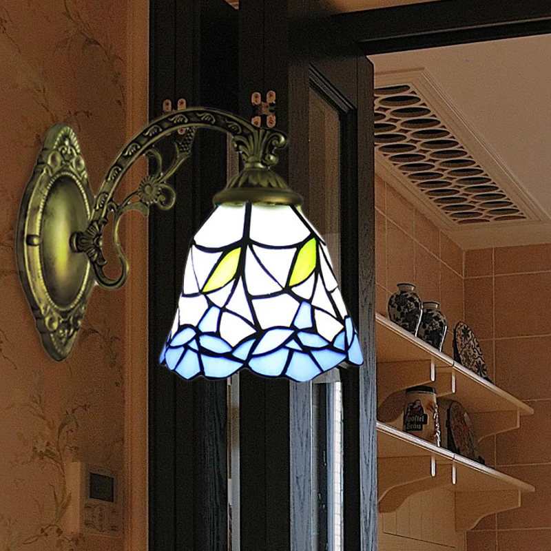 Blue Bell wandmontage armatuur rustiek glas--lood 1 licht bloem wandkandelaar verlichting voor gang Clearhalo