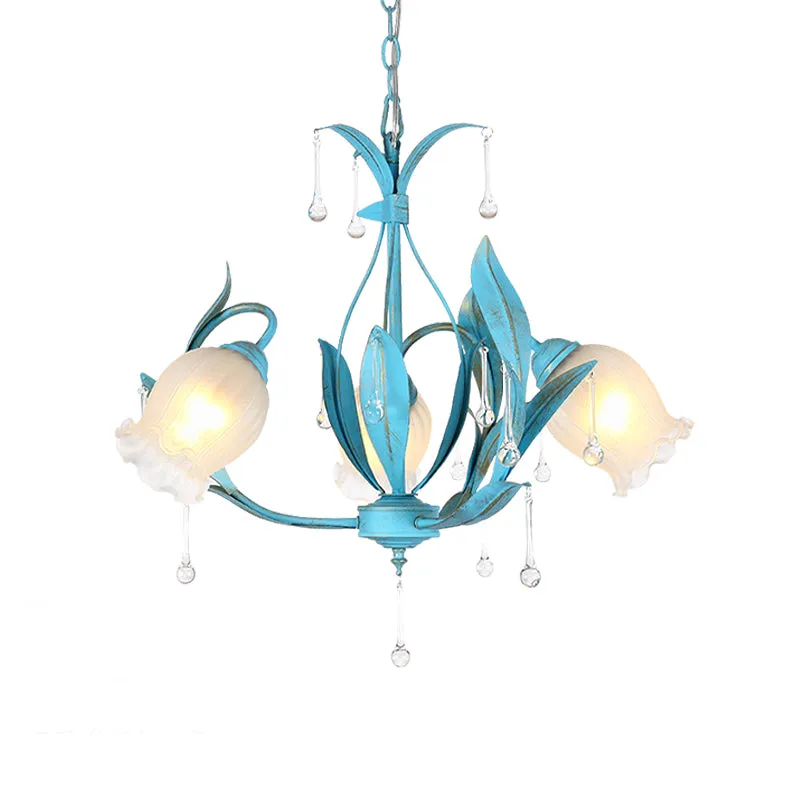 Blue Bloom Hanglamp Platteland Wit Prismatisch Glas 3/6 Hoofden Restaurant Kroonluchter Clearhalo