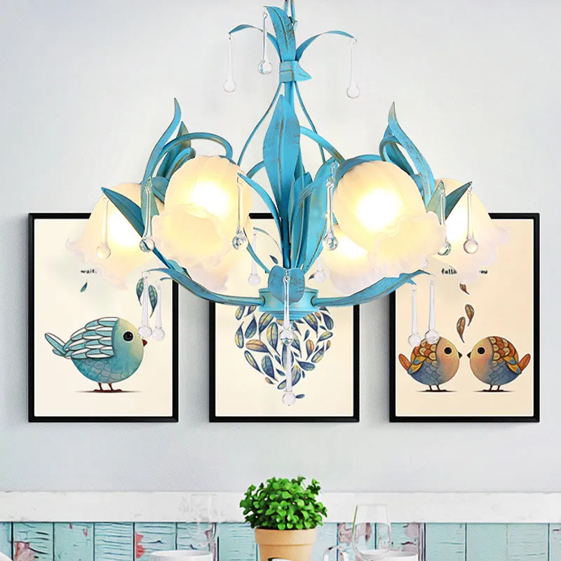 Blue Bloom Hanglamp Platteland Wit Prismatisch Glas 3/6 Hoofden Restaurant Kroonluchter Clearhalo