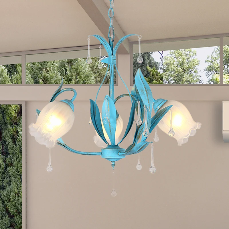 Blue Bloom Hanglamp Platteland Wit Prismatisch Glas 3/6 Hoofden Restaurant Kroonluchter Clearhalo